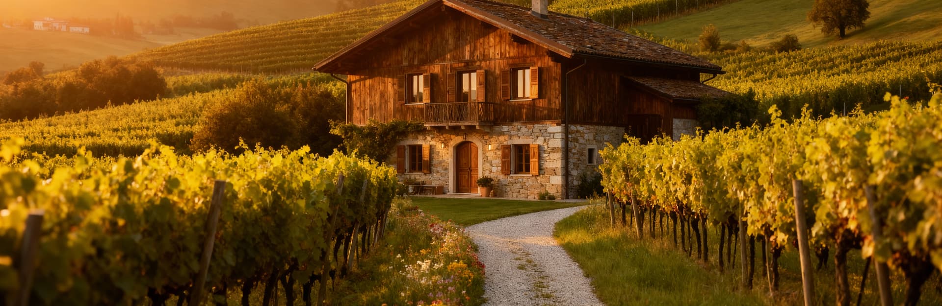 Azienda agricola in Piemonte tra vigneti e colline verdi, con cascina tradizionale e sentiero fiorito illuminato dalla luce del mattino.