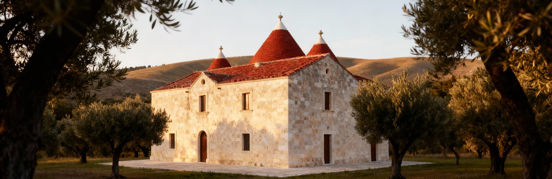 Terratetti in vendita in Piemonte, masseria storica tra uliveti, pareti in pietra e tetto in coppi rossi sotto un cielo sereno.