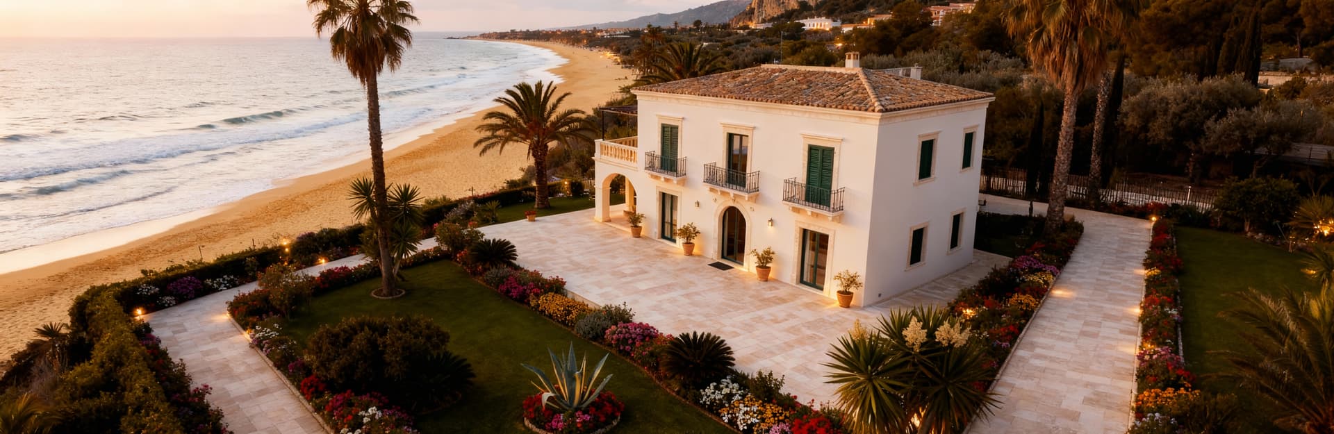 Elegante villa in vendita in Sardegna, con pareti chiare, terrazze spaziose e giardino tropicale affacciato su spiaggia dorata.