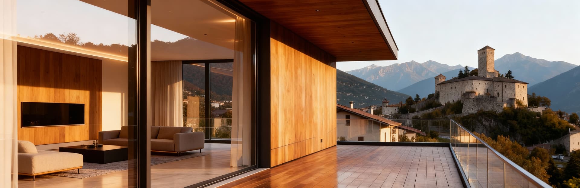 Elegante attico a Bellinzona con vista sul castello e montagne, ampie terrazze in legno e interni illuminati dal pomeriggio.