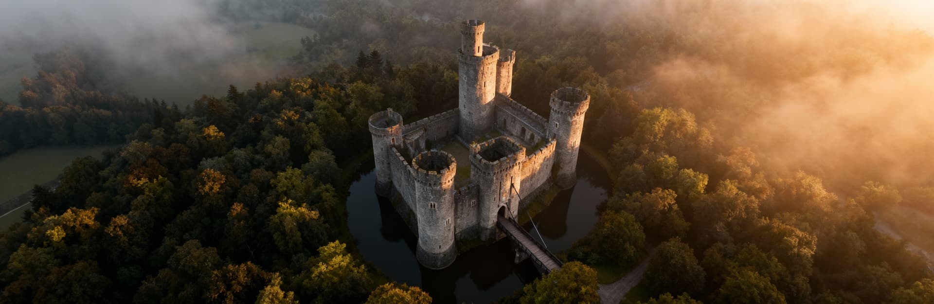 Castello medievale avvolto nella nebbia del mattino, circondato da un bosco lussureggiante, con torri e fossato.