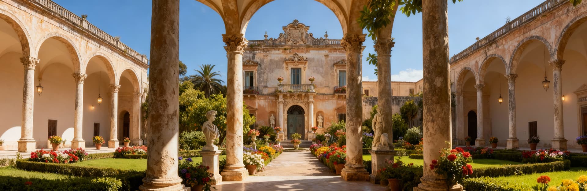 Antico palazzo barocco in Sicilia, circondato da un giardino fiorito e statue, sotto un cielo sereno e blu.