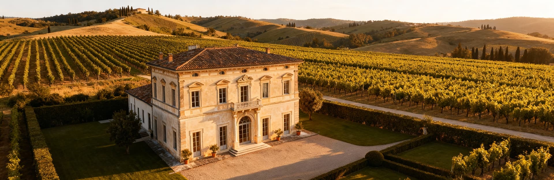 Villa elegante in Toscana con dettagli rinascimentali, circondata da un parco e vista su colline e vigneti. Luce mattutina calda.