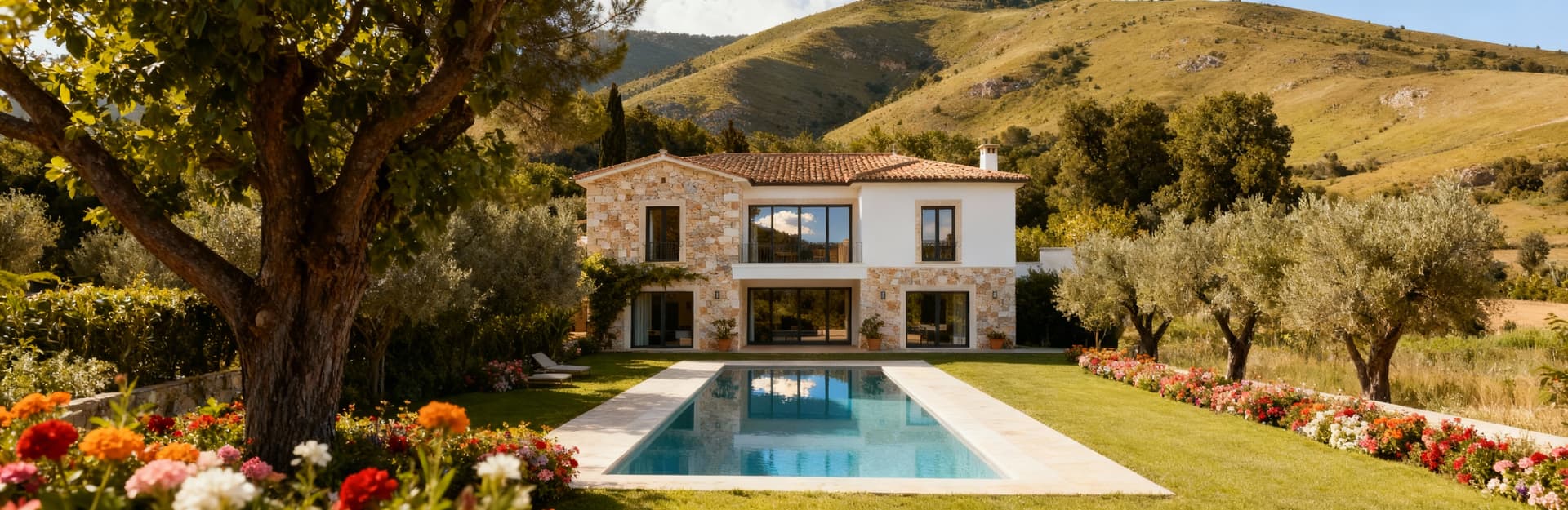 Rustico elegante in vendita in Valle d'Aosta, vista sui colli, giardino fiorito e piscina che riflette il cielo.
