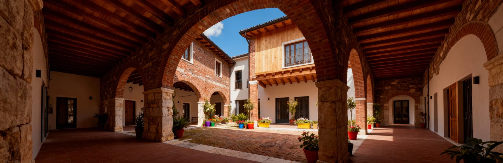 Rustico ristrutturato in Calabria, con mattoni a vista e legno, circondato da un patio fiorito e cielo sereno.
