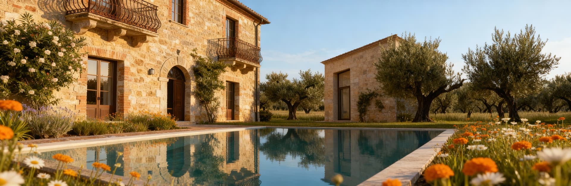 Villa di lusso nel Lazio, circondata da uliveti, con piscina a sfioro e dettagli eleganti in pietra locale. Atmosfera raffinata.