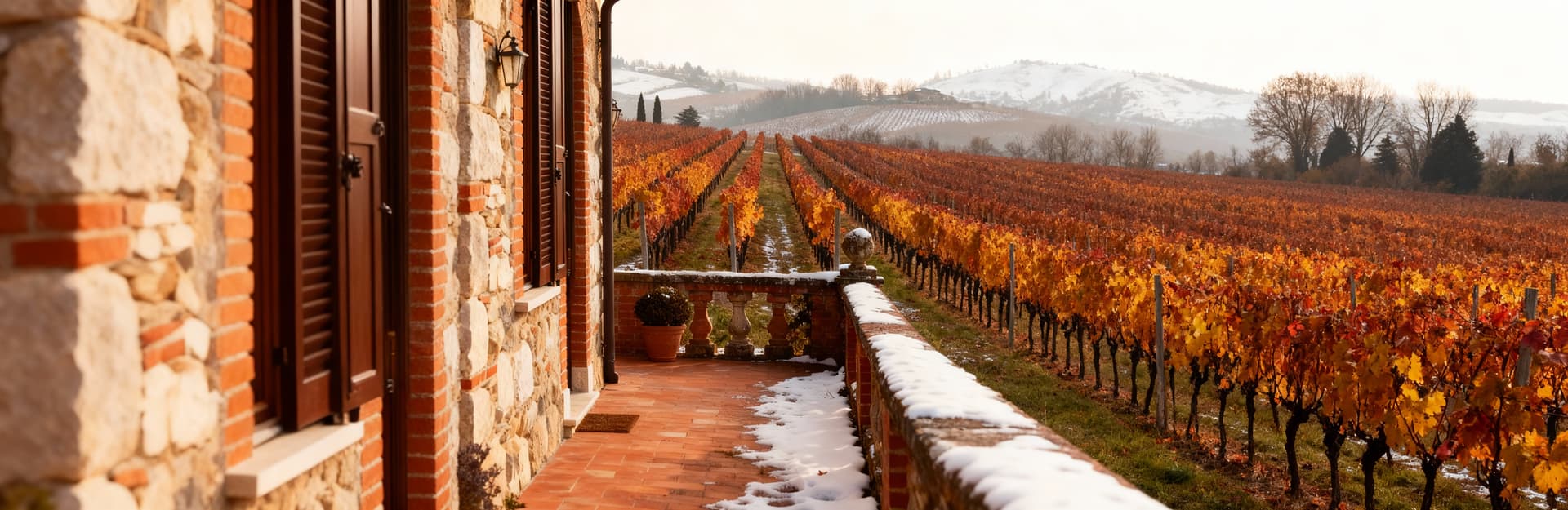 Tenuta vinicola in Piemonte, villa in pietra tra vigneti, luce invernale calda, atmosfera idilliaca.
