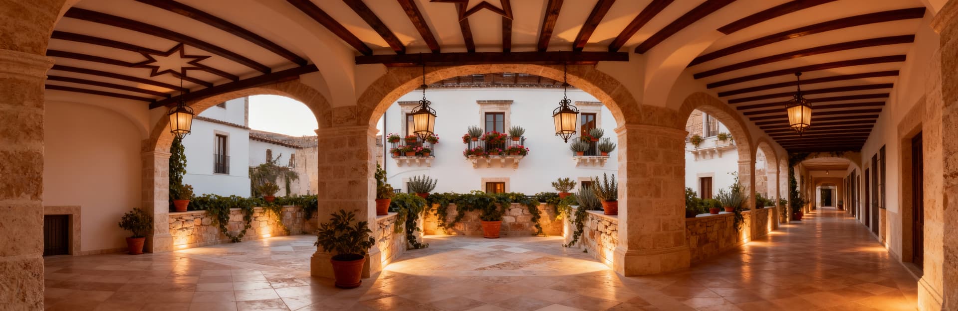 Dimora storica in Puglia con architettura in pietra bianca, balconi fioriti e cortile interno, illuminata dal tardo pomeriggio.