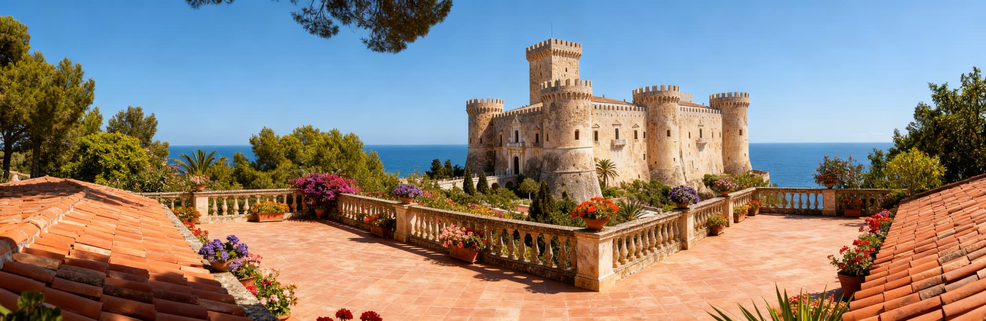 Castello di lusso in Sicilia con torri e merlature, circondato da vegetazione lussureggiante e vista mare.