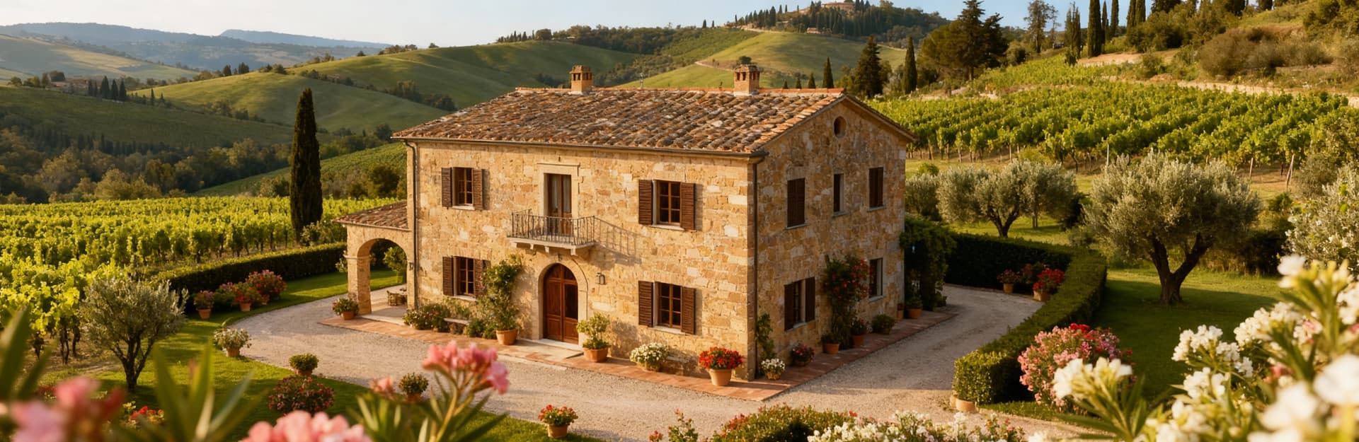 Villa elegante in pietra circondata da un giardino fiorito, con vista su vigneti e oliveti in un pittoresco paesaggio toscano.