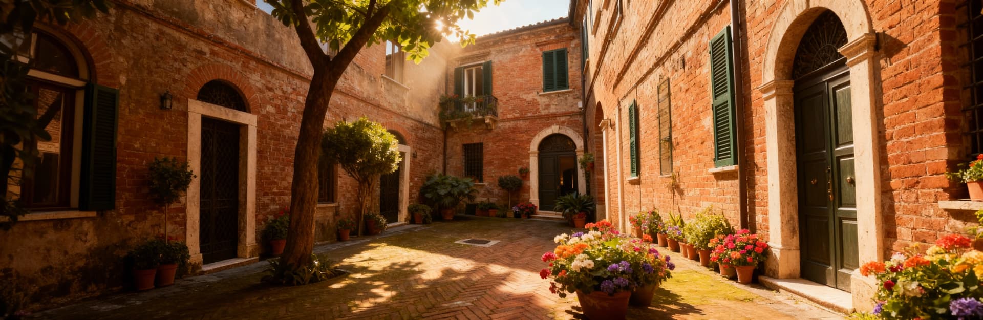 Pareti in mattoni a vista in storica dimora, cortile fiorito e luminoso rifugio nel cuore della Toscana.