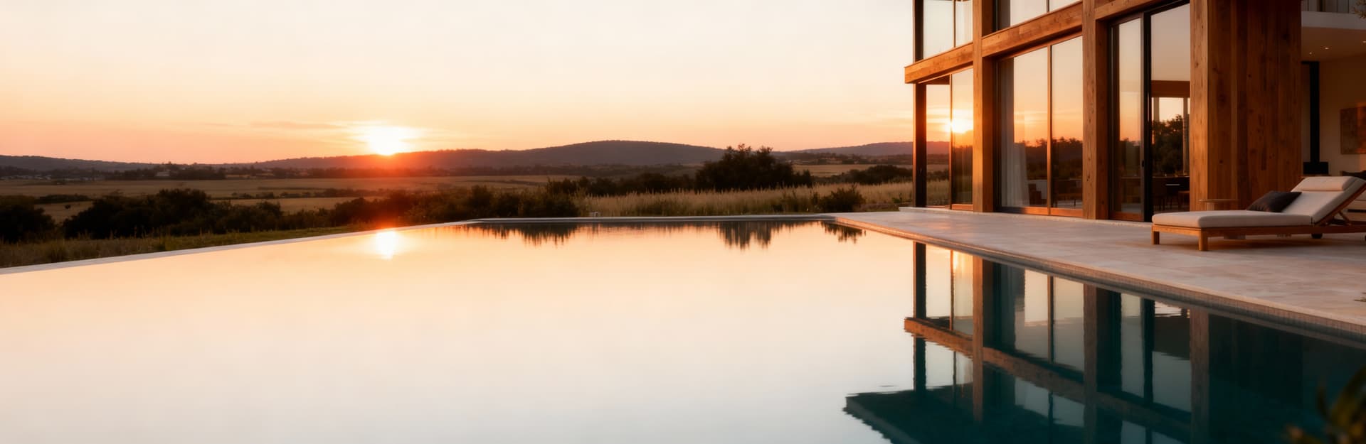Villa moderna in Sardegna con ampie vetrate e piscina a sfioro, circondata dalla campagna al tramonto. Luxurious real estate.
