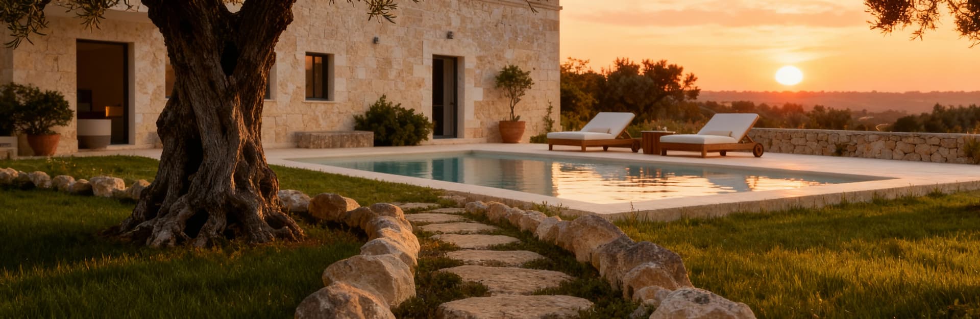 Agriturismo in vendita a Lecce, masseria in pietra immersa tra ulivi secolari, circondata da un paesaggio mediterraneo al sorgere del sole.