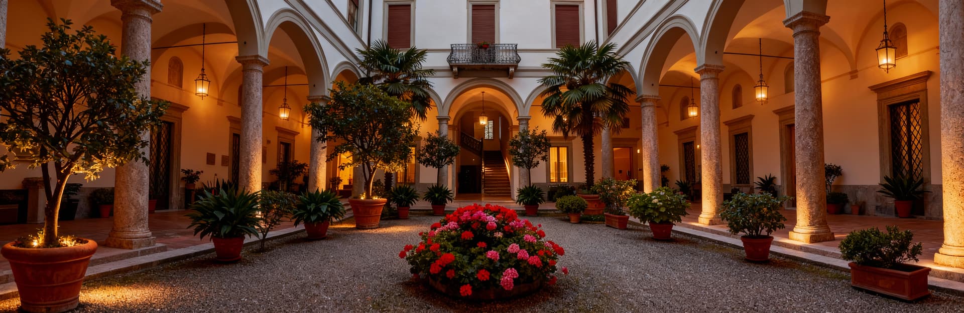 Appartamenti di lusso in vendita ad Alessandria, cortile interno con fiori, antico palazzo e soffitti affrescati.