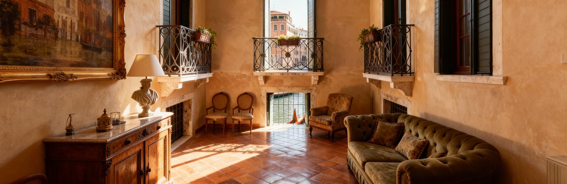 Elegante attico a Venezia con vista sui canali, interni storici e luminosi dettagli architettonici.