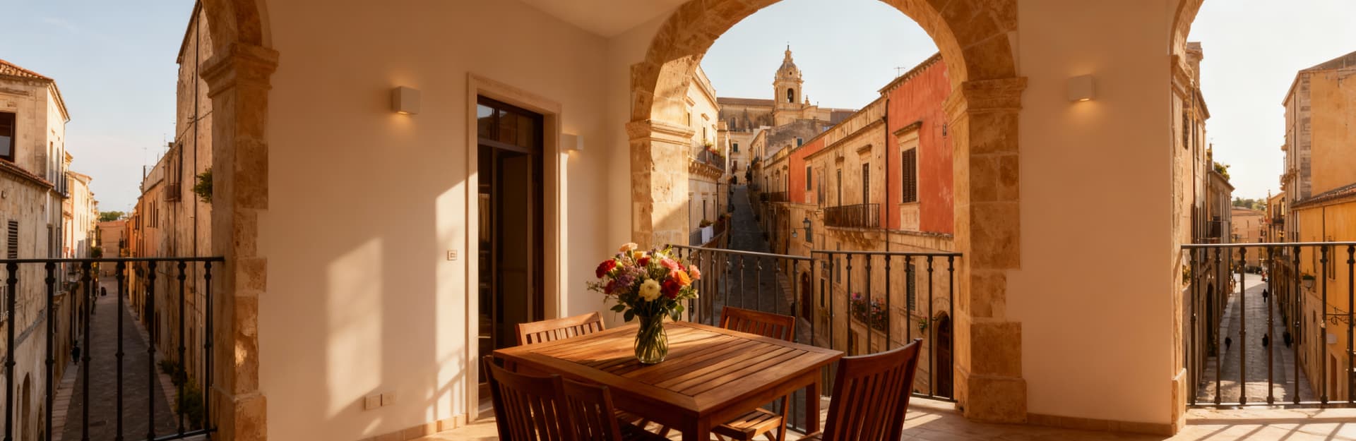 Dettaglio di un appartamento a Ragusa con terrazza, vista su vicoli barocchi, materiali in pietra e legno, luce pomeridiana.