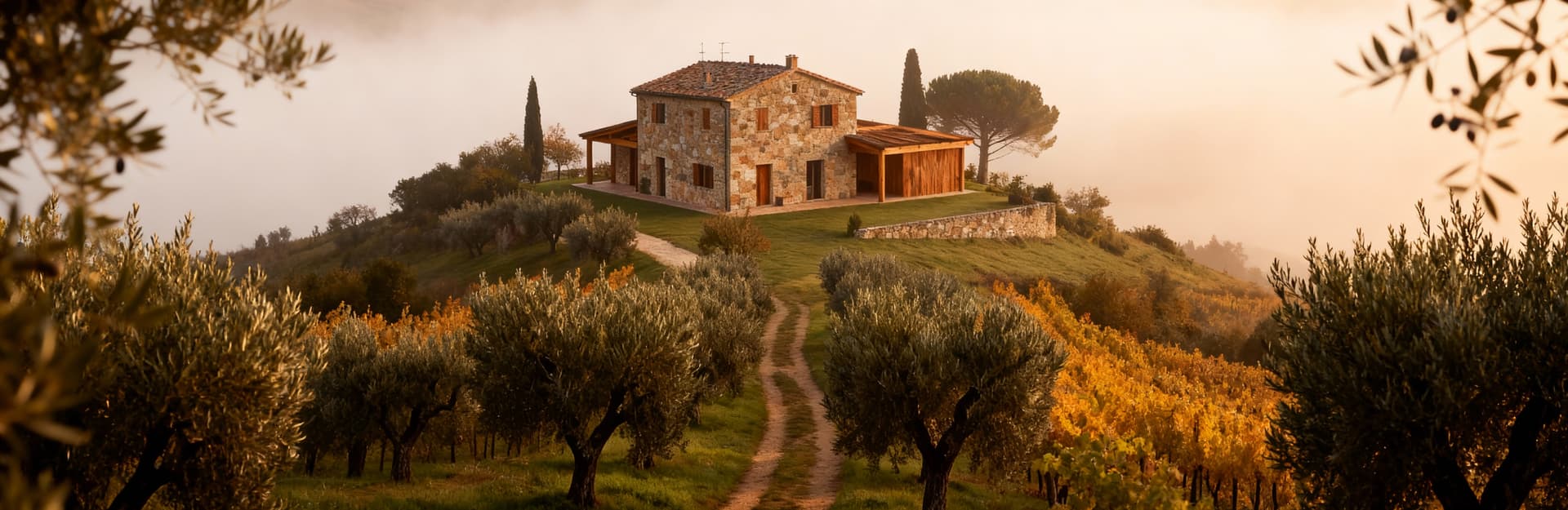 Agriturismo in vendita in Umbria avvolto da nebbia mattutina, con strutture in pietra e vigneti all'orizzonte.