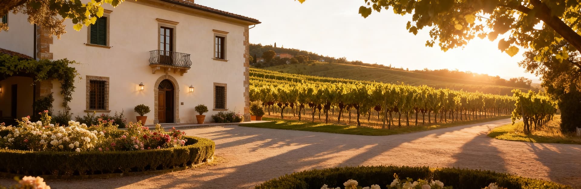 Elegante villa nel Chianti con giardino fiorito, circondata da vigneti e illuminata dalla luce del tardo pomeriggio.