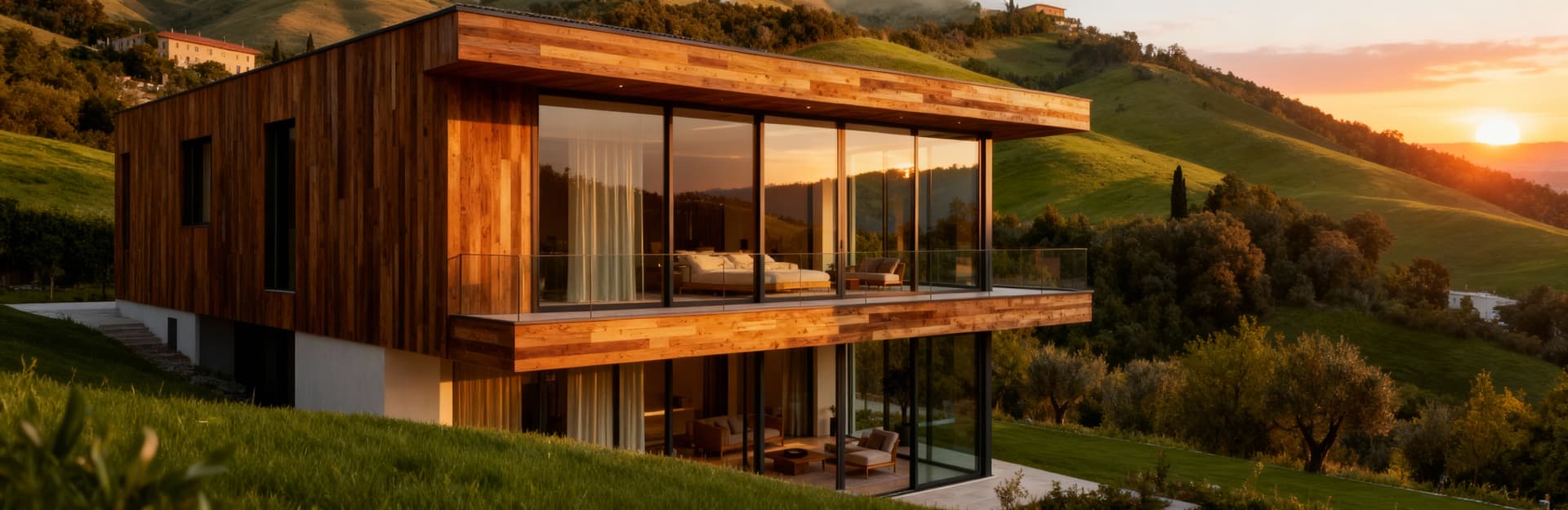 Villa moderna in vendita a Forlì-Cesena, immersa nel verde, con ampie vetrate e dettagli architettonici in legno e vetro.