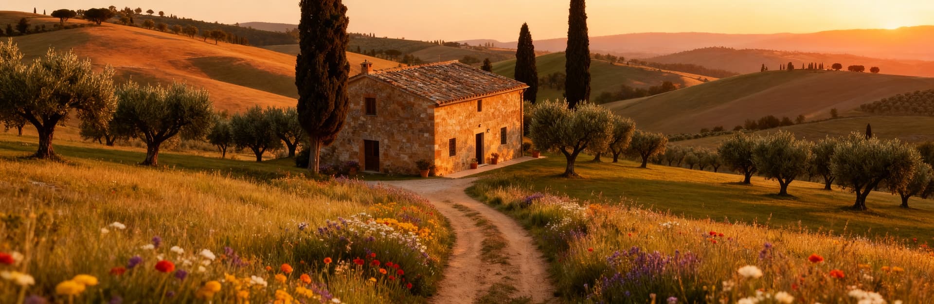 Casale in vendita nella Val d'Orcia, circondato da colline, uliveti e cipressi, sotto la luce calda del tardo pomeriggio.