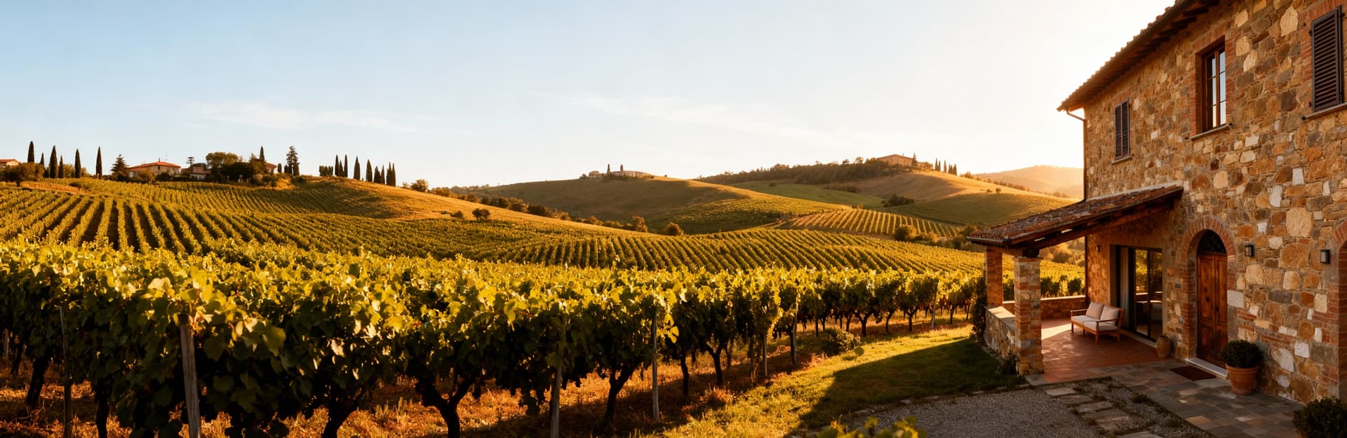 Rustic properties for sale in Chianti, Tuscany, surrounded by vineyards and rolling hills, showcasing beautiful traditional architecture.