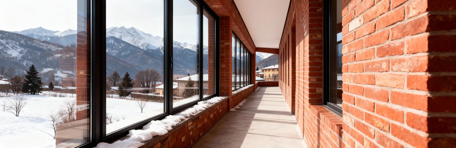 Terratetto in vendita a Cuneo, con mattoni a vista e ampie finestre su un panorama montano, in una calda luce invernale.