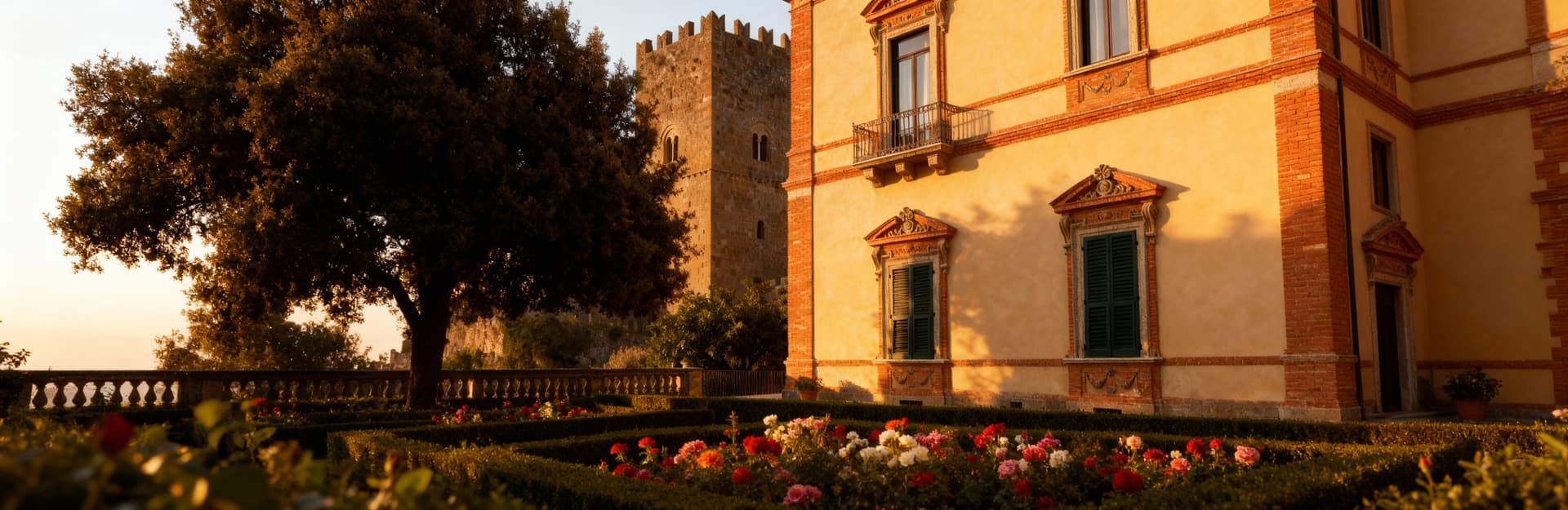 Scorcio di un appartamento a Viterbo con giardino all'italiana, circondato da mura storiche e luce del mattino.