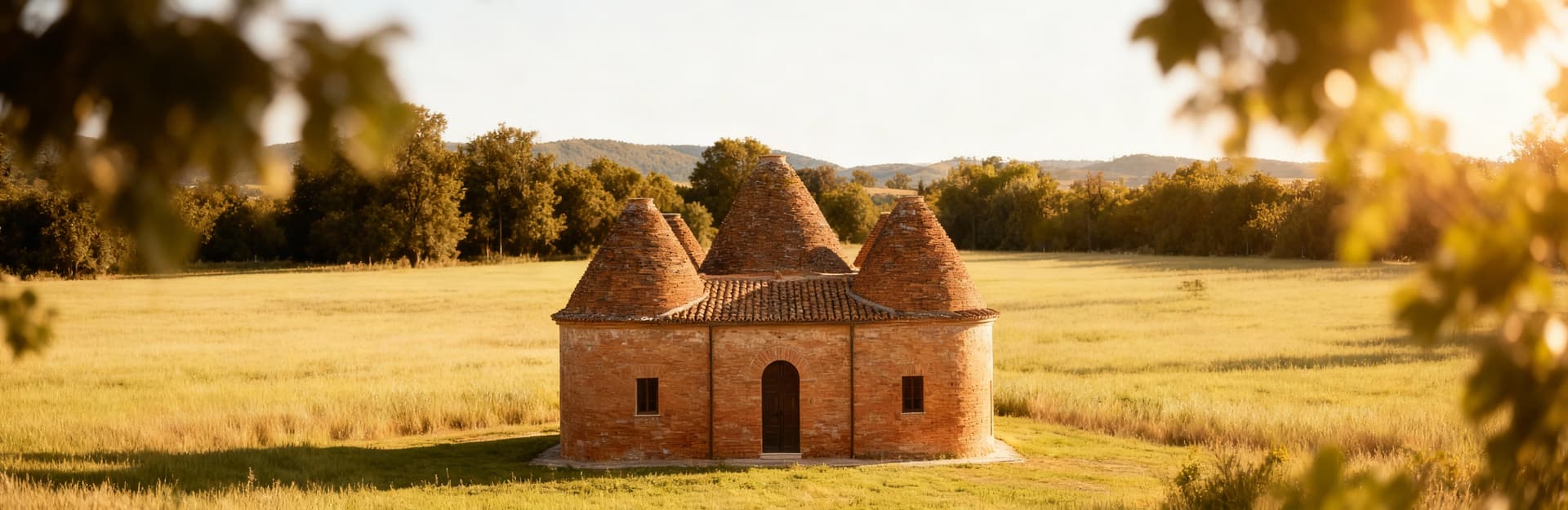 Casale in provincia di Forlì-Cesena con pareti in cotto, tetto in coppi, immerso nel verde di un paesaggio rurale.
