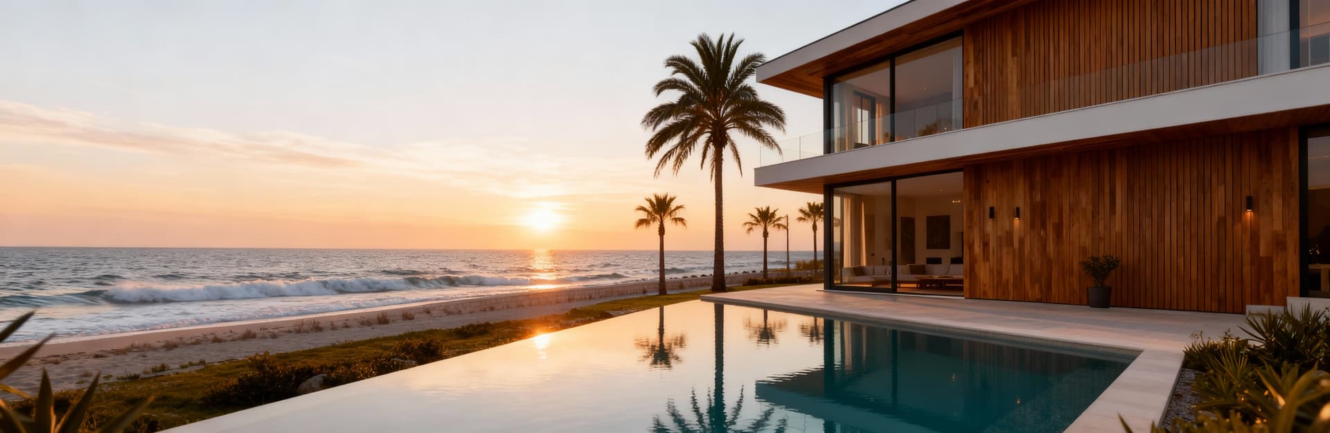 Villa moderna in provincia di Bari con vista sul Mar Adriatico, circondata da palme e luce dorata del pomeriggio.