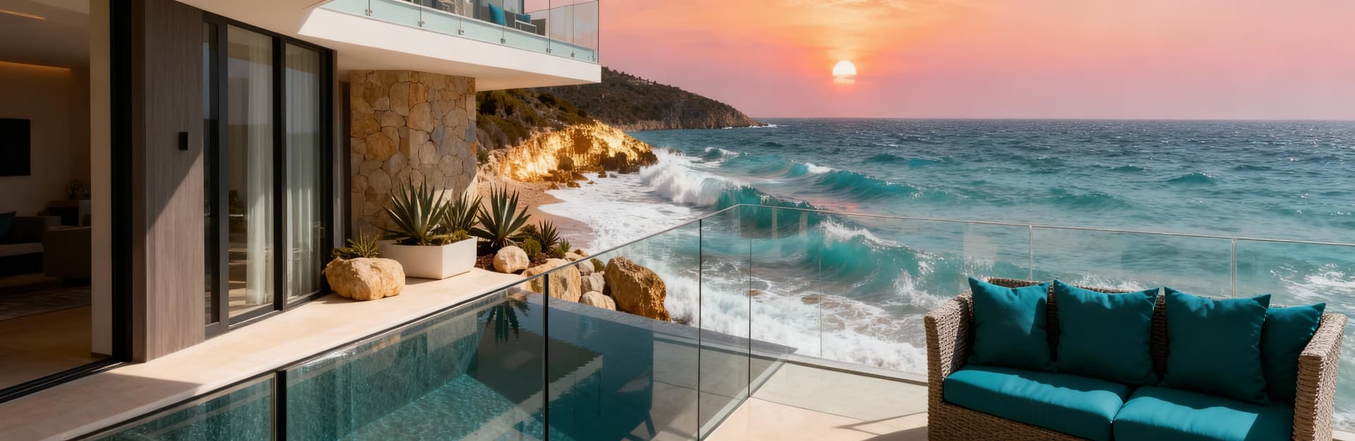 Villa in vendita in Campagna, vista mare con terrazze panoramiche e riflessi caldi del tramonto su spazi esterni accoglienti.