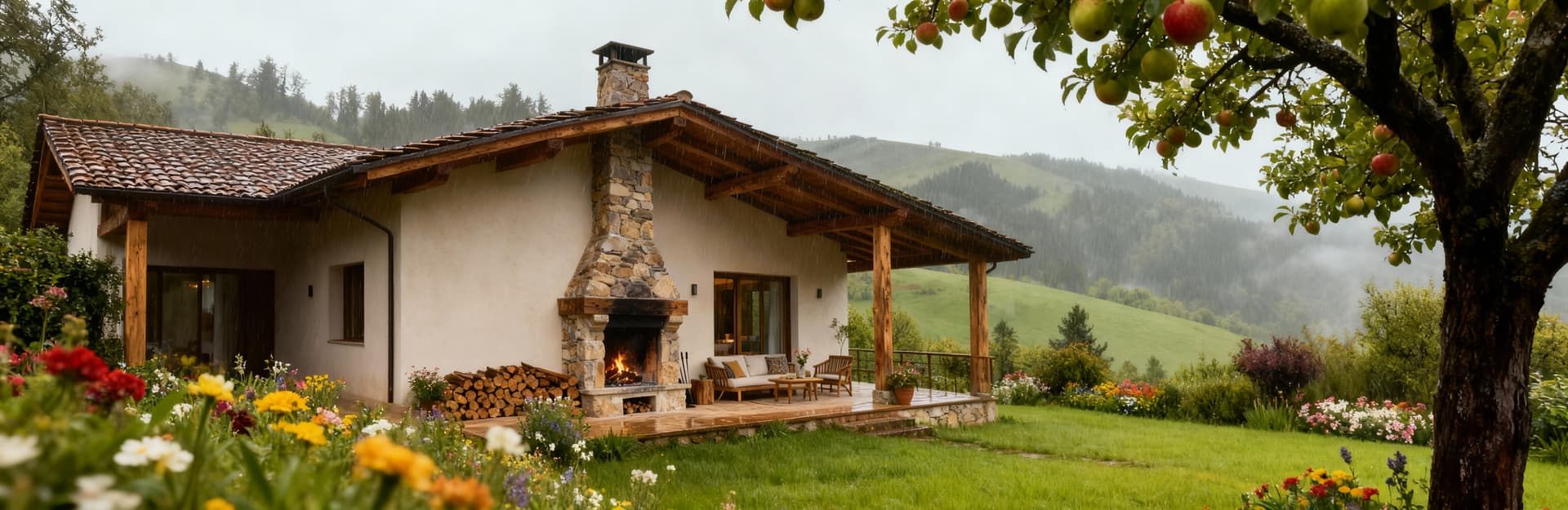Casa di campagna in intonaco chiaro, circondata da colline verdi e fiori selvatici, sotto una leggera pioggia primaverile.