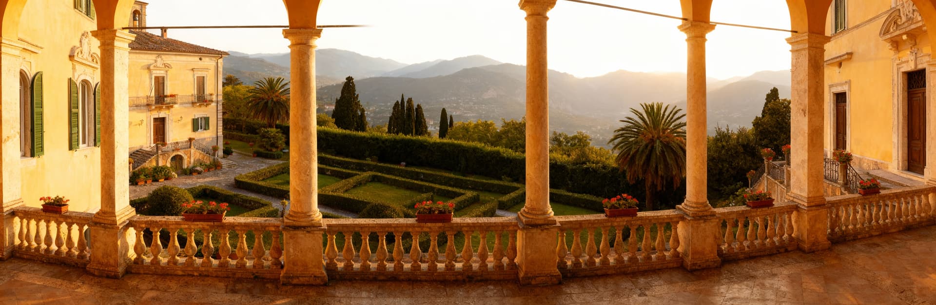 Villa in vendita a Cosenza, con giardini curati e architettura locale, illuminate dalla luce del mattino in un'atmosfera vivace.
