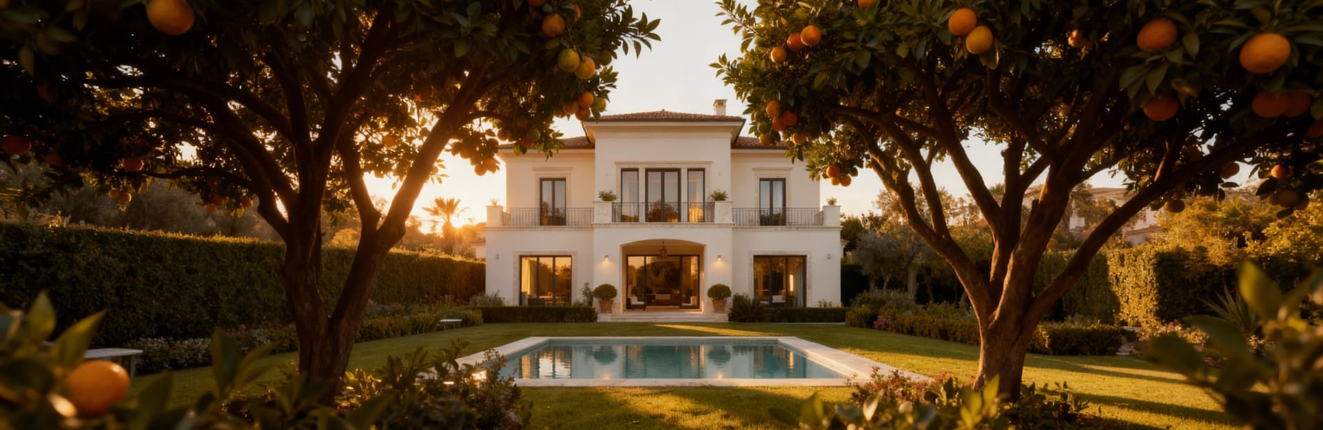 Elegante villa in vendita a Latina, circondata da alberi da frutto, con giardino e piscina, in stile architettonico raffinato.