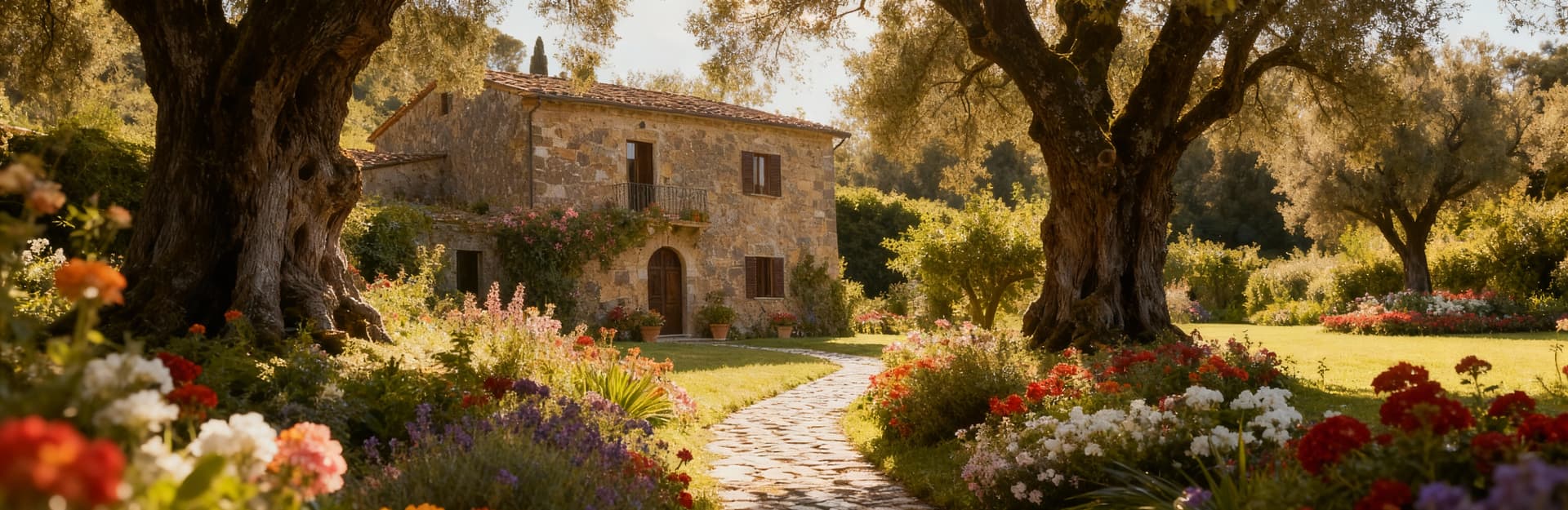 Ville in vendita a Genova: casale in pietra circondato da alberi secolari e fiori, in un giardino storico incantevole.