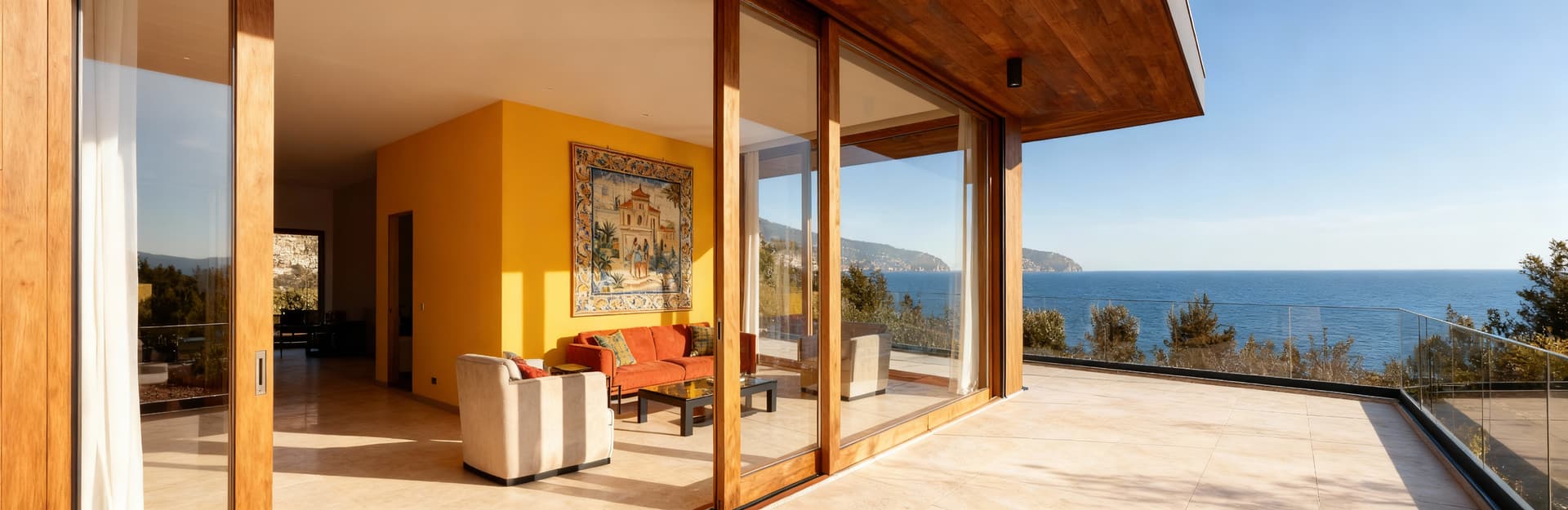 Elegante appartamento in vendita a Imperia, dettagli architettonici, vista mare, stile moderno con legno e vetro.