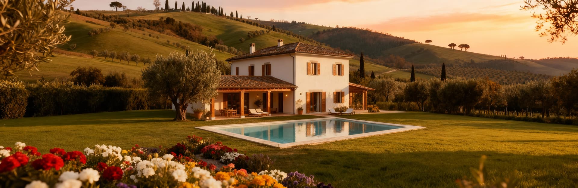 Villa elegante con piscina circondata da colline verdi e uliveti, giardino fiorito, atmosfera calda in Liguria.