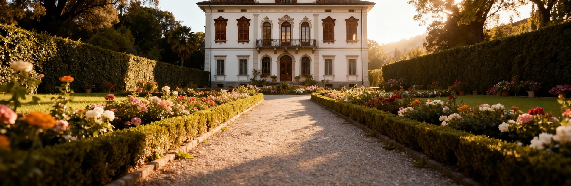 Villa storica a Biella, facciata elegante in intonaco chiaro circondata da un giardino fiorito e bene curato.