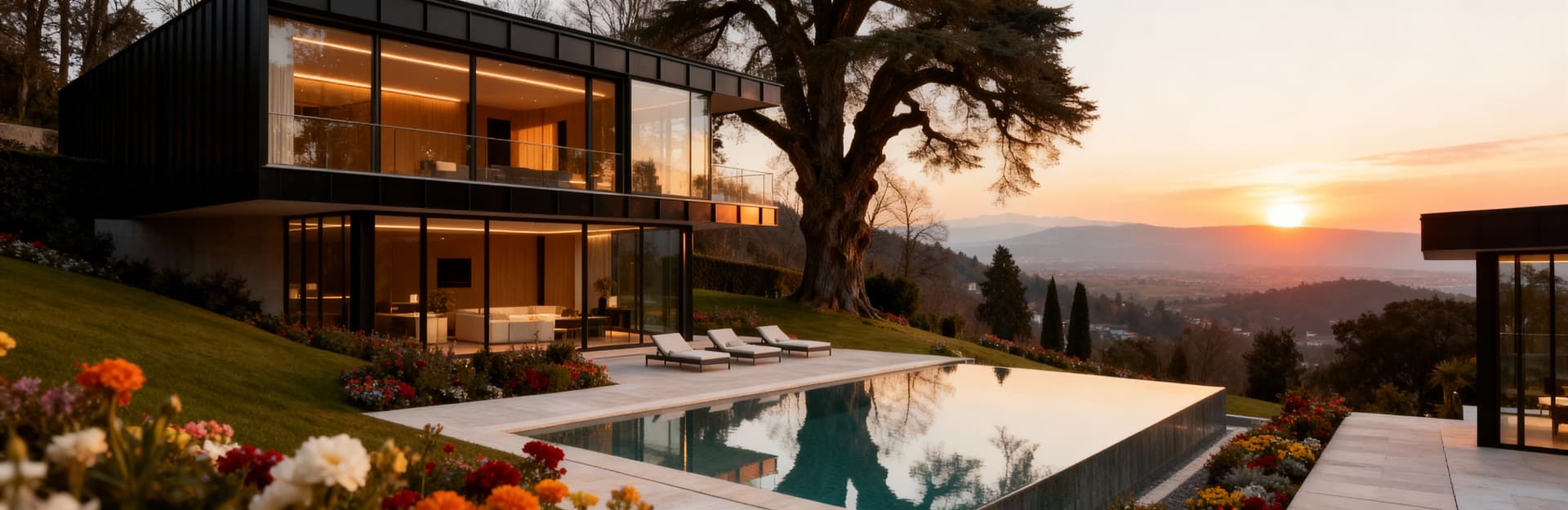 Villa moderna in collina a Torino con piscina a sfioro, circondata da giardini fioriti e alberi secolari, luce invernale.