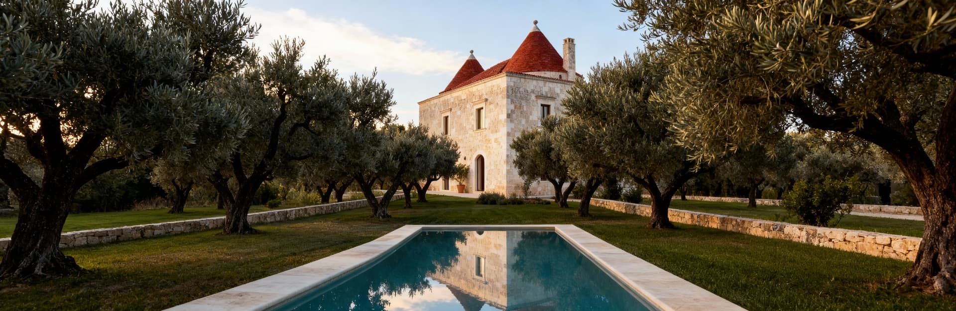 Villa mediterranea in vendita a Lecce, circondata da uliveti e piscina che riflette il cielo, in un paesaggio naturale.