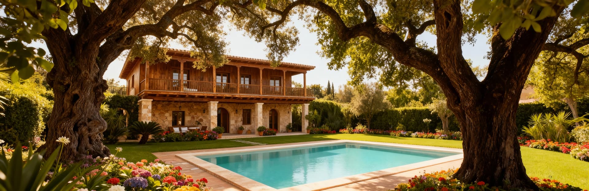 Villa in vendita a Ragusa, con giardino, piscina e architettura in legno e pietra, circondata da alberi e fiori colorati.