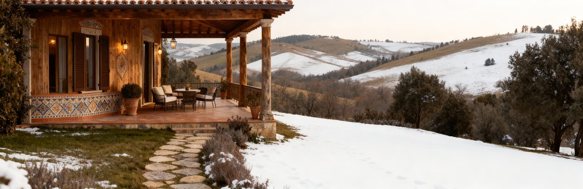Rustico elegante in legno naturale nel Chianti, circondato da dolci colline toscane e luce invernale soft.