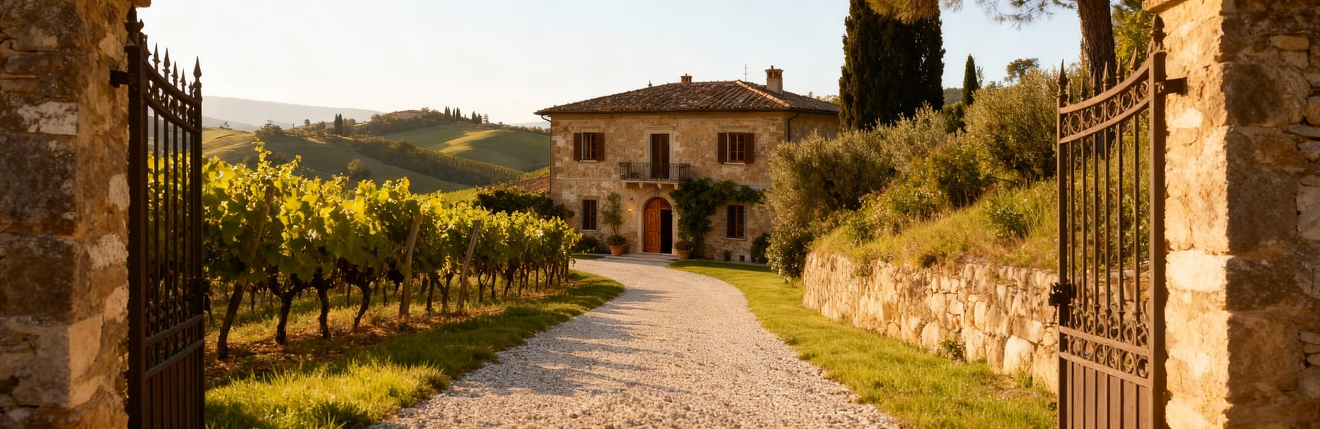 Rustico in vendita in Toscana, contornato da colline verdi e vigneti, con facciata in pietra e legno illuminata da un mattino sereno.