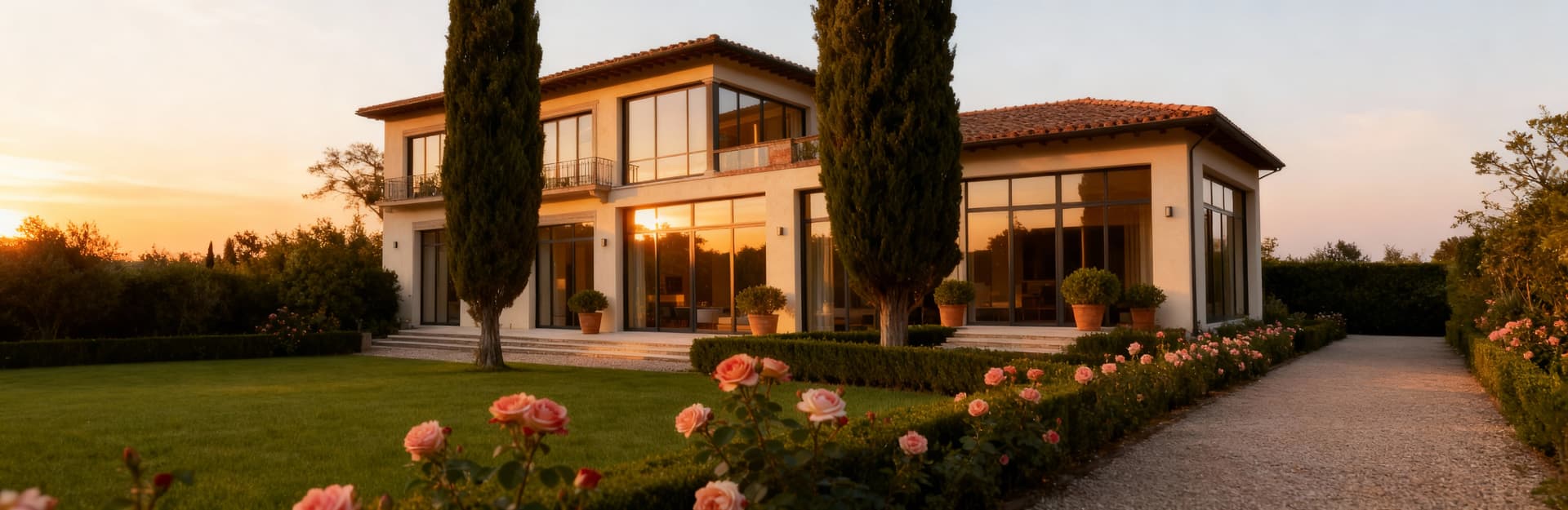 Villa di lusso a Firenze con ampie vetrate e giardino all'italiana, circondata da cipressi e roseti in atmosfera dorata.
