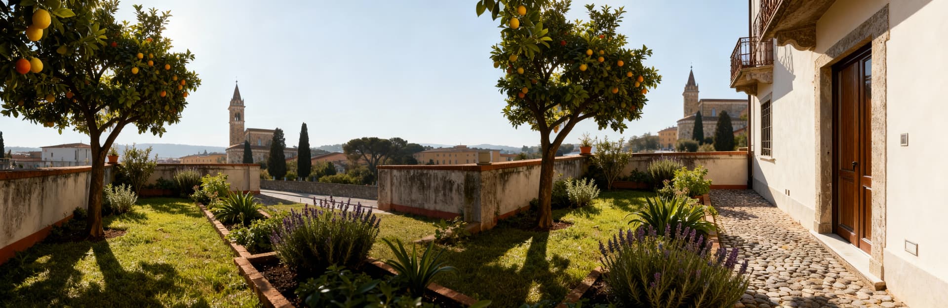 Rustico in vendita a Prato, con facciate chiare, balconi in ferro battuto e giardino privato ricco di piante e alberi.