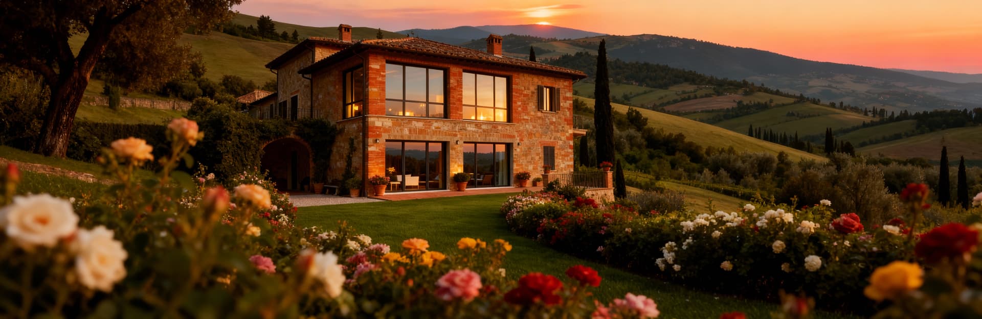 Villa elegante in vendita a Perugia, immersa nel verde, con giardini fioriti e vista panoramica sulle colline umbre.