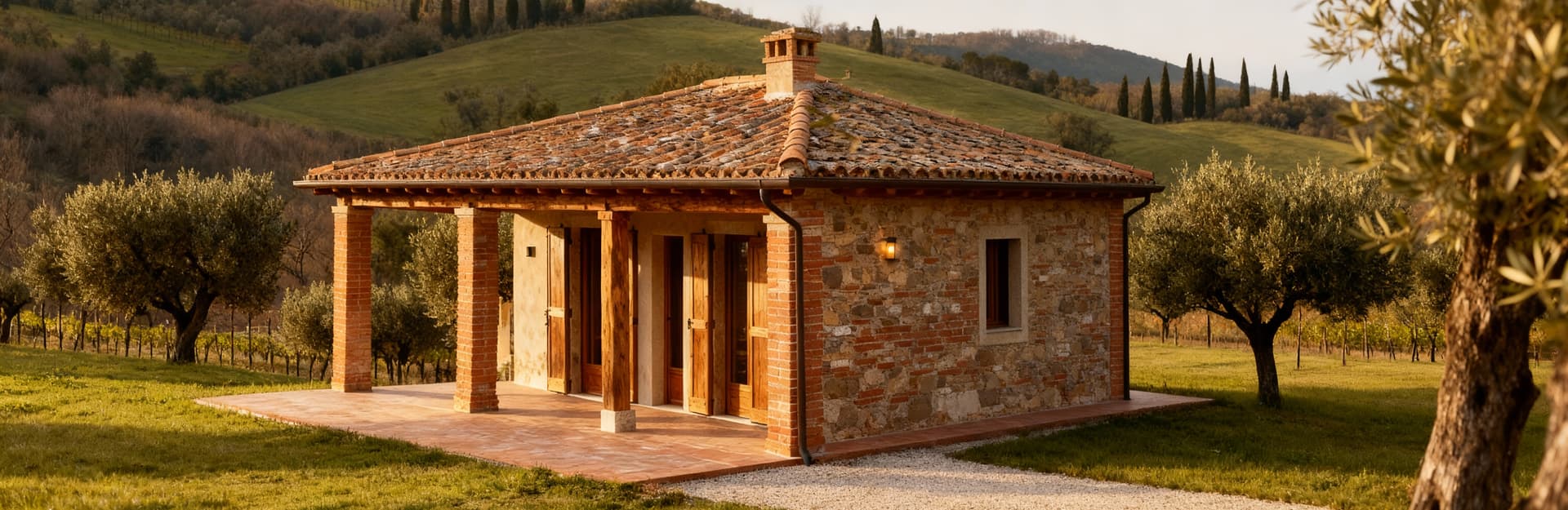 Rustico ristrutturato in Umbria, a Terni, circondato da ulivi e vigneti, con dettagli architettonici illuminati da luce invernale.