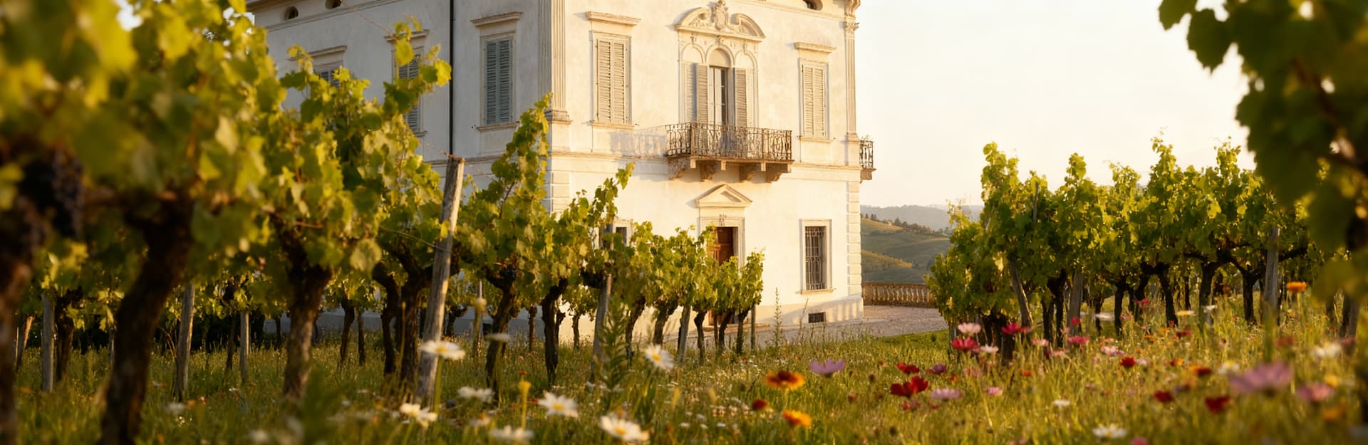 Scenic view of rolling hills in Piemonte, showcasing vineyards and historic farms for sale in the picturesque countryside.