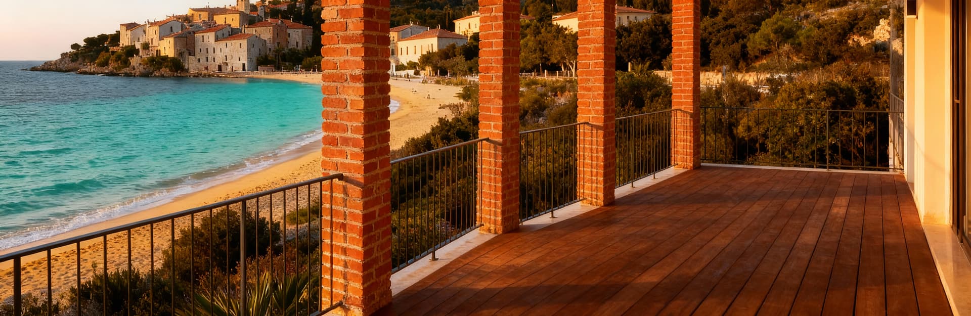 Appartamento elegante in Toscana con vista mare, terrazza in legno, interni moderni e dettagli tradizionali, circondato da spiagge e borghi.