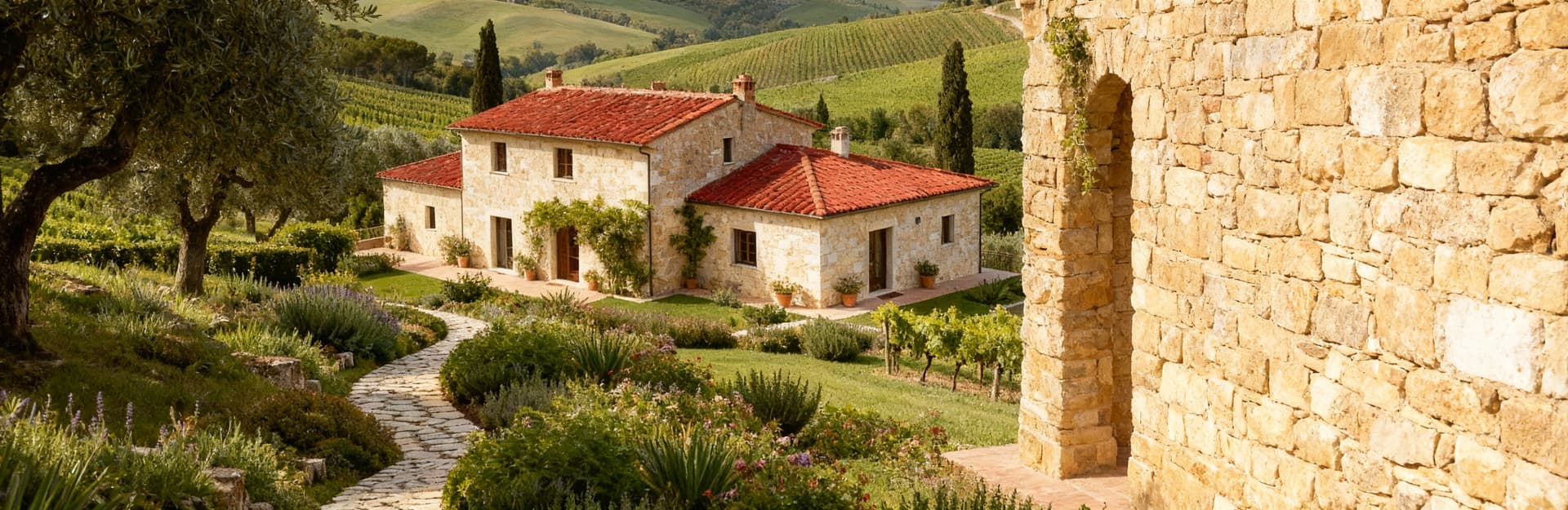 Rustic farmhouses for sale in the Florence countryside, surrounded by vineyards, olive groves, and stunning hills.