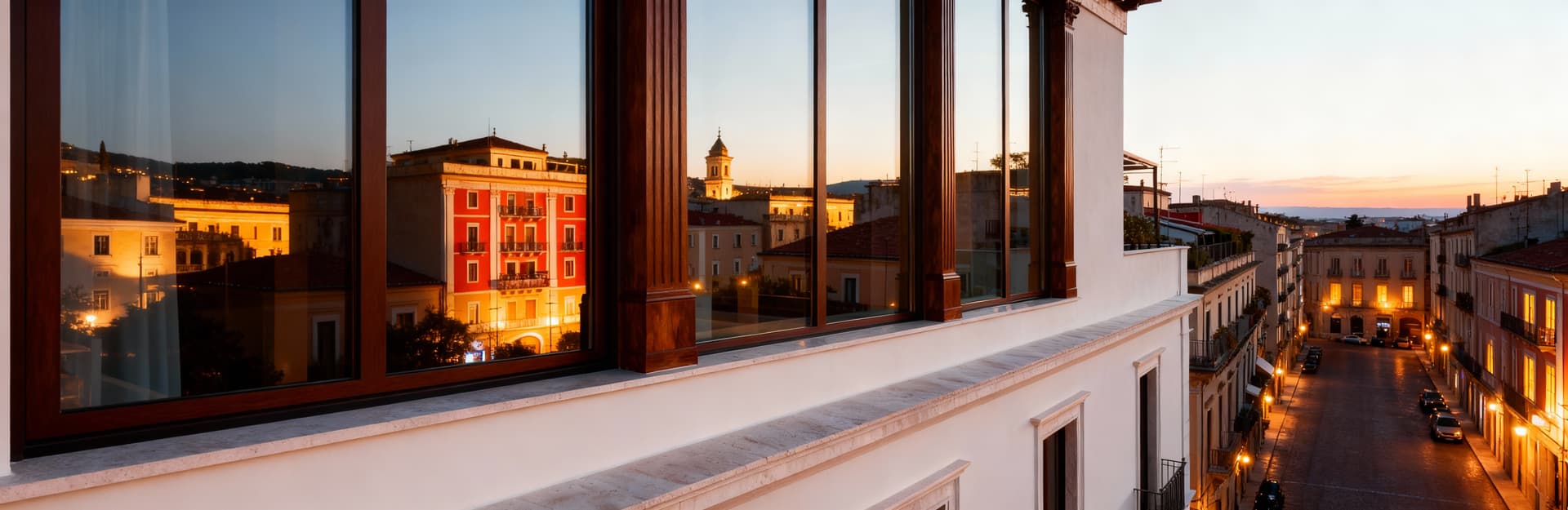 Elegante attico in vendita a Cosenza, con ampie finestre e dettagli in legno, immerso nella calda luce del tardo pomeriggio.